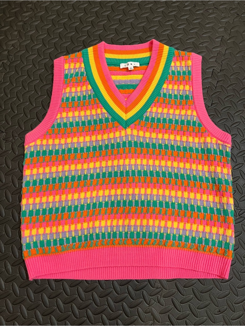 THML Pink Multicolor Striped V‑Neck Sweater Vest